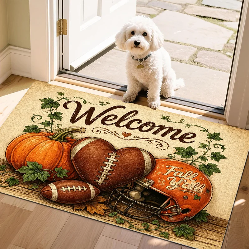 Slip‑Resistant Entryway Rug Autumn Maple Leaf Plaid Bow Motif Holiday‑themed Floor Rug for Porch Hall Indoor Fall Festival