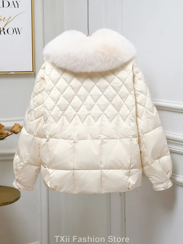 2023 New Fox Big Fur Collar White Duck Down Down Jacket Women Winter Fashion Sweet Diamond Bow Coat Thick Warm Windproof Outwear