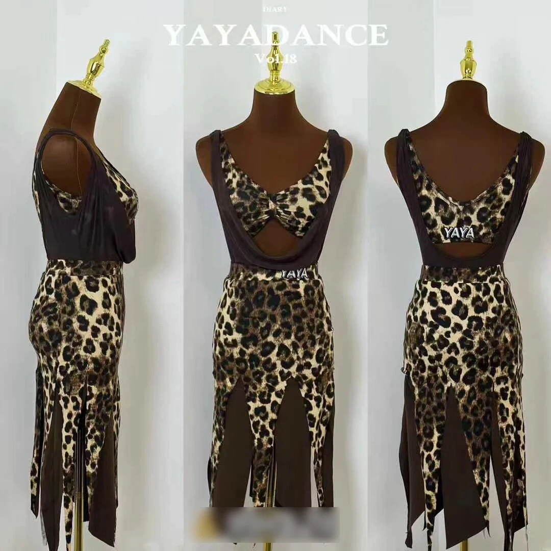 

Одежда для латинских танцев с леопардовым принтом, сексуальное боди без рукавов, летняя юбка с бахромой, женское платье для танцев ча-ча-танго SS1817