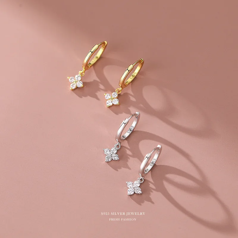 REETI 925 Sterling Silver Four-leaf flower Cubic Zircon Flower Hoop Earrings Ear Jewelry For Women Party Gifts Earing Hoop