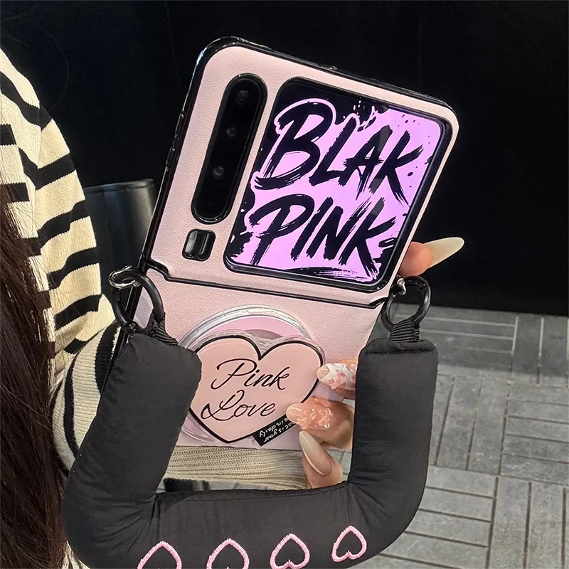 Pink Love Heart Magnetic Stand Case For Samsung Z Flip 7 6 5 4 Xiaomi Mix Flip Moto Razr 50 Ultra Handheld Protective Cover