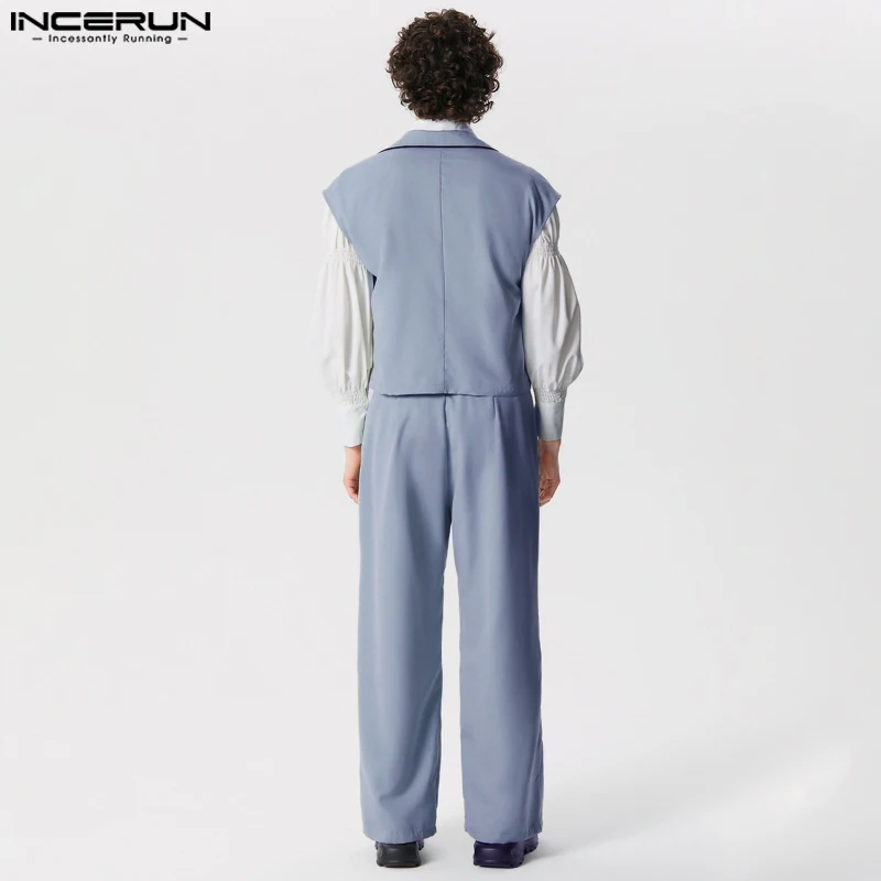 INCERUN-Conjunto de dos piezas para hombre, ropa de calle de Color sólido, chalecos sin mangas con solapa y Pantalones rectos, trajes informales a