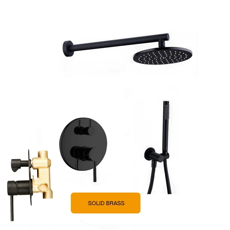 AMAXO Hotel Black Rainfall Rain Wall Mount Concealed Brass Bathroom Rain Fall Shower System Shower Faucet Mixer Set