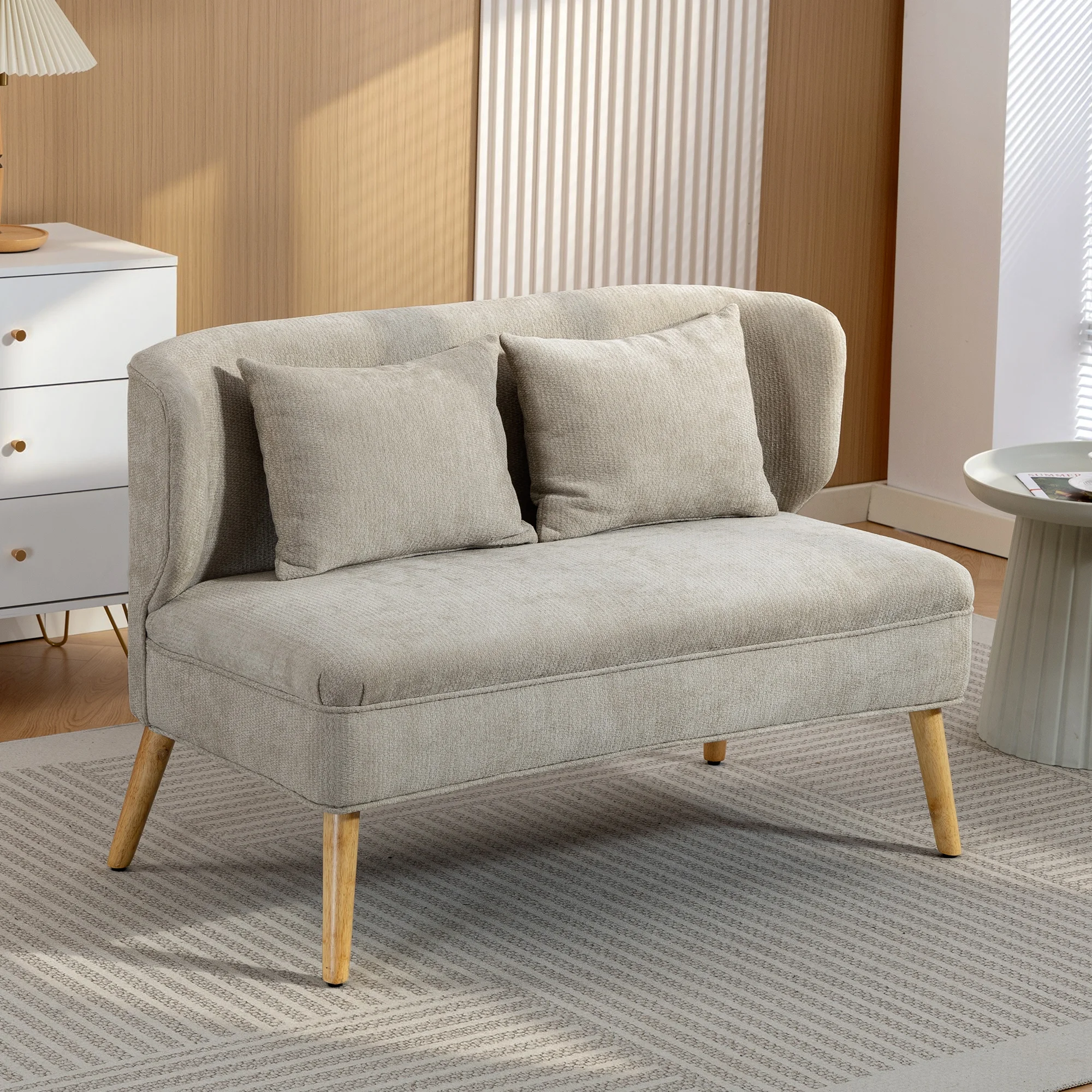 Divano componibile a due posti, rivestito in ciniglia, con schienale ad ala, cuscini spessi e morbidi e gambe in legno di gomma massiccio, divano moderno e di design per soggiorno, camera da letto o