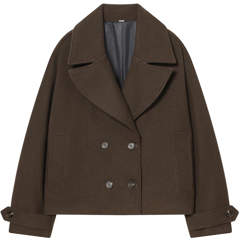 سترة HXAO تويد مقصوصة سترات نسائية لخريف وشتاء 2025 جديدة في المعاطف والسترات البنية مزدوجة الصدر وأكمام طويلة ملابس خارجية #2