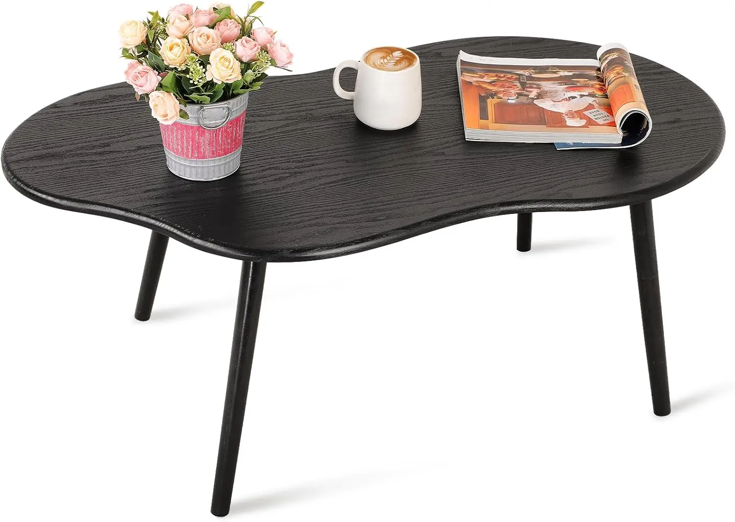 Modern Black Cloud Coffee Table for Small Spaces, Unique Irregular Design with Wood Legs, Mid-Century Sofa Table