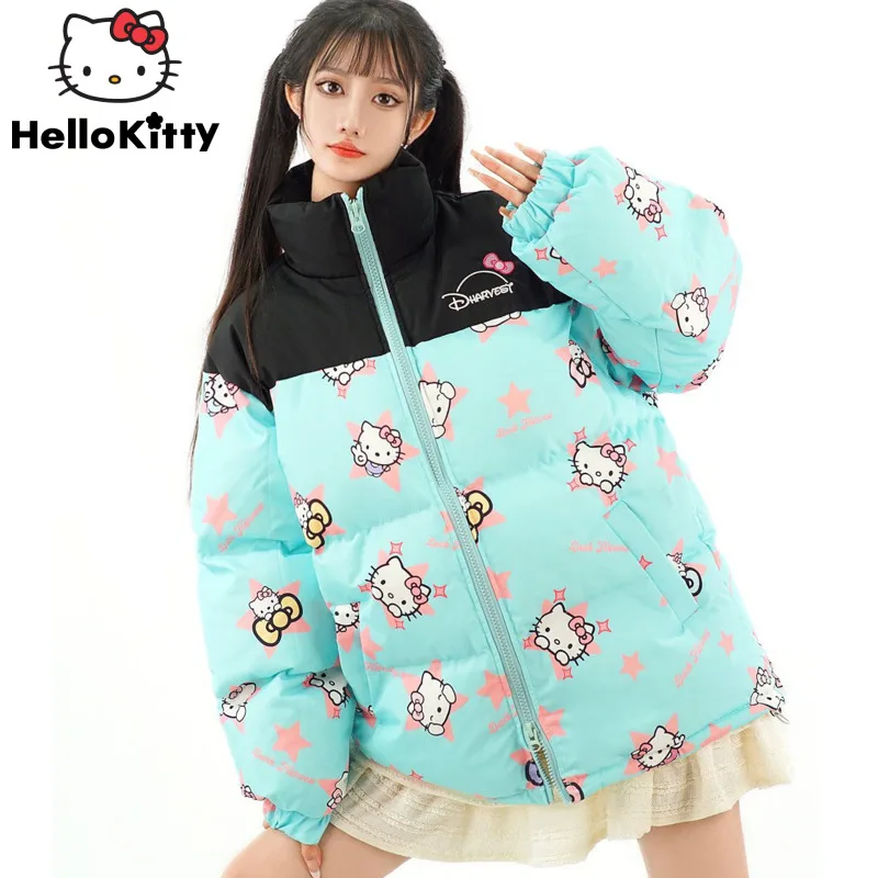 Sanrio Hello Kitty Cute Printed Padded Jacket Women New Fashion Thickened Cotton Coat Y2k Winter Harajuku Tops Female Clothing