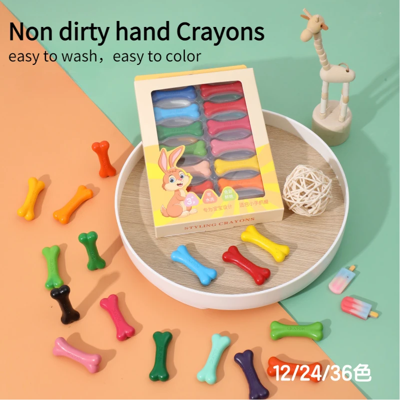 12/24 Colors Washable Not Dirty Hands Toddler Crayons cute bone Crayons for Kids Baby safety Crayons Coloring Art Supplies