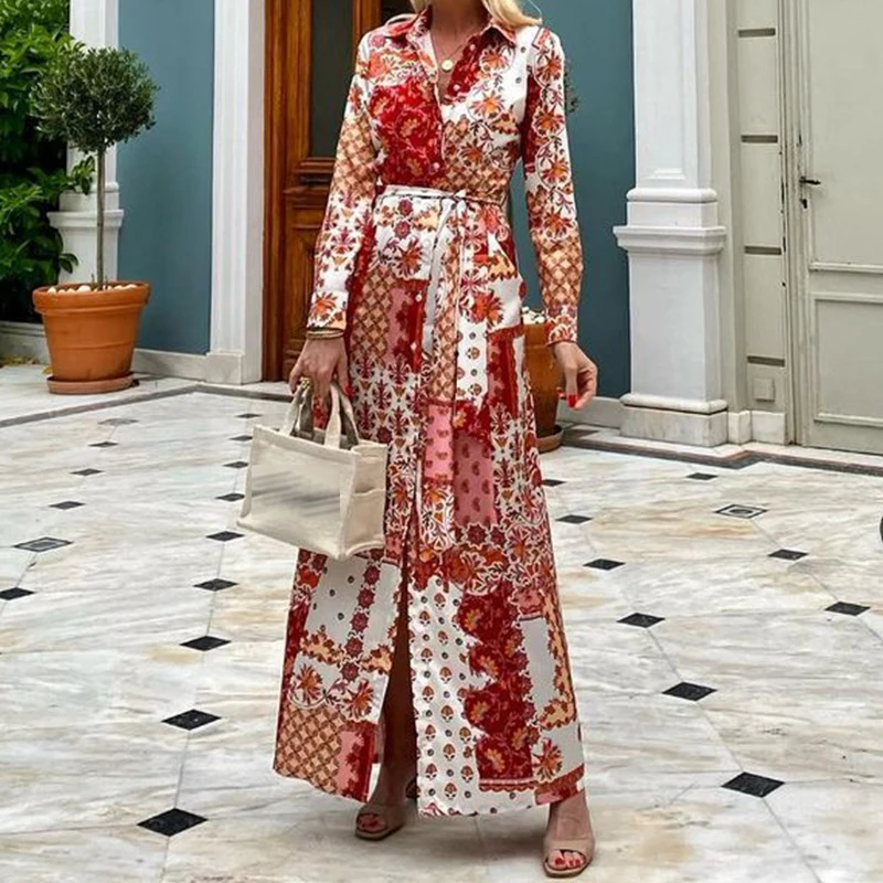 Vestido de camisa vintage elegante de peito único feminino, estampa gráfica Bohe, vestido feminino com cordões, vestidos de praia bolsos, 2023