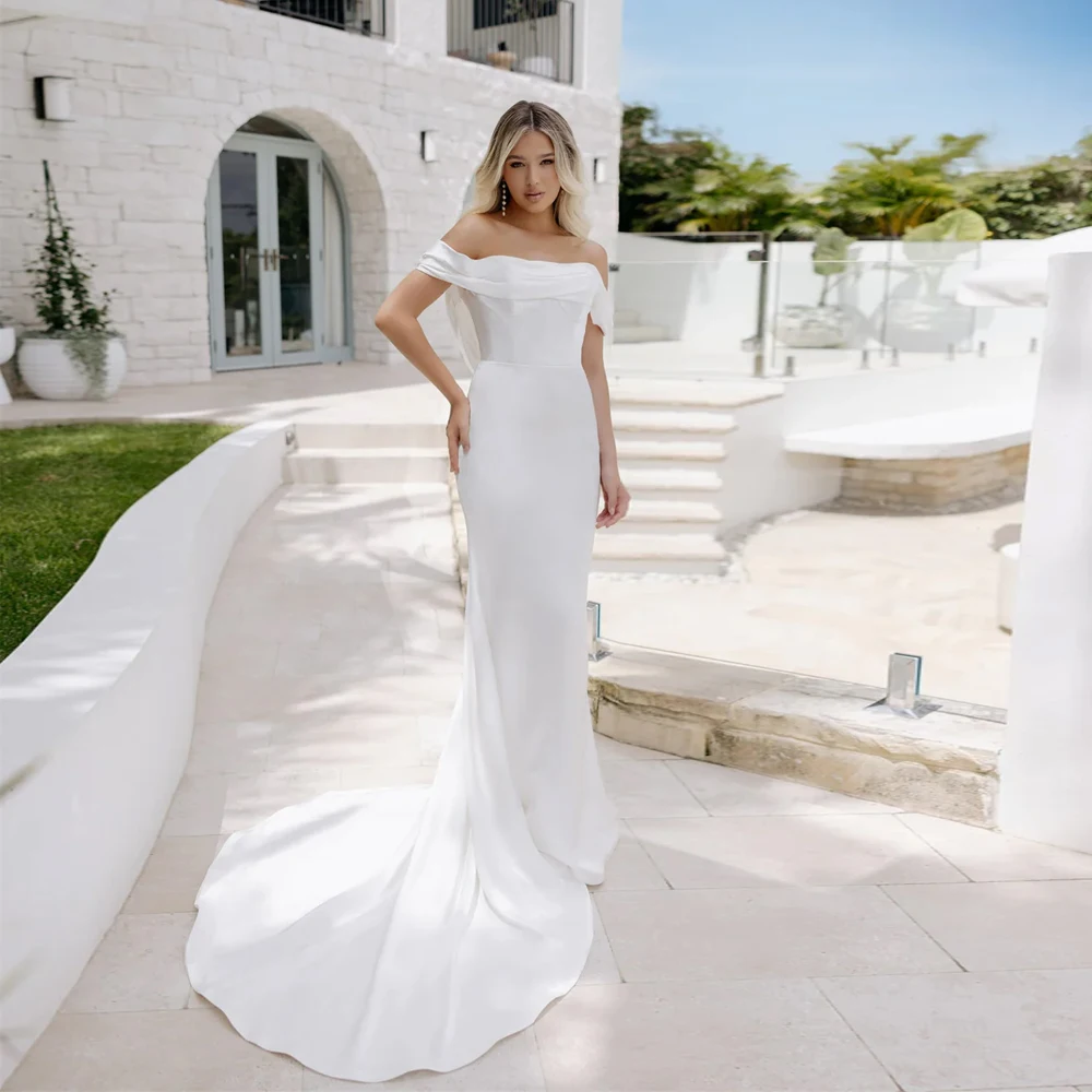 

Simple Strapless Mermaid Wedding Dresses Sweep Train Ribbon Bridal Growns Long Sleeves Zipper Jersey Vestidos De Novia 2024