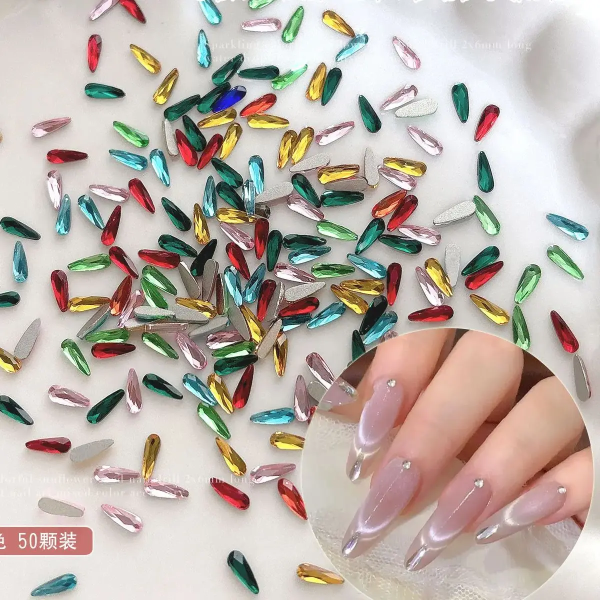 150pcs 2*6mm Water Drop Nail Rhinestone Colored Flat Bottom Glass Crystal 3D Nail Art Gems Manicure DecorationNail Accessories