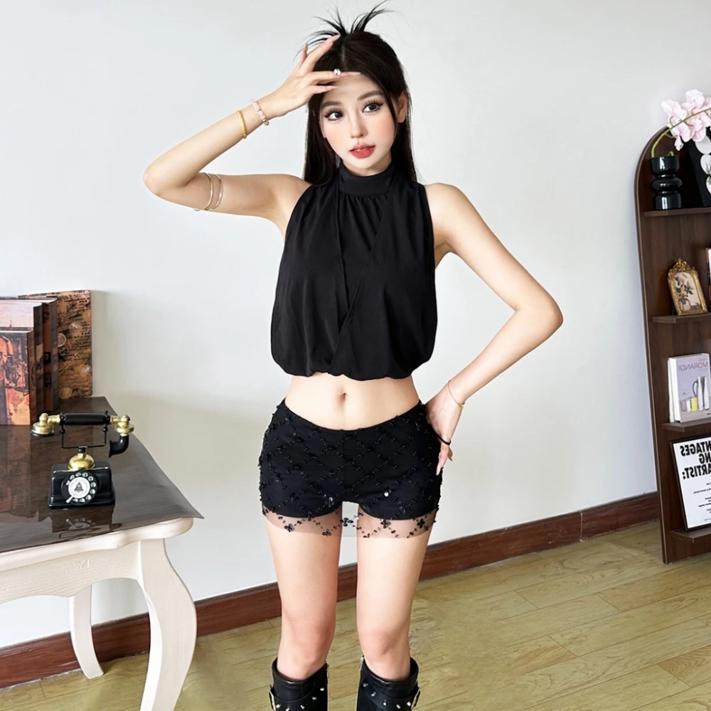 

SylCue сексуальный брючный костюм женский с открытыми рукавами и пупком, топы с открытой спиной + сетчатые лоскутные короткие брюки с блестками, уличный стиль, комплект из 2 предметов