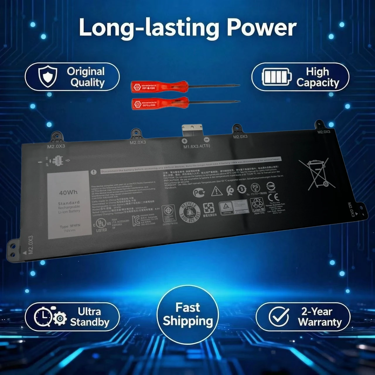 New 9F4FN 02VKW9 8PK6G 7.6V 40WH 5000mAh Laptop Battery For DELL Latitude 7320 2-in-1 2ICP4/79/112 DELL Inspiron 14 3420