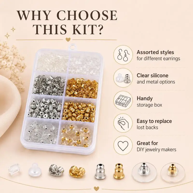 1/2/3/5 cajas de kit de cierres para pendientes, transparentes, hipoalergénicos, de metal, goma y silicona, tipo bala, tope de seguridad