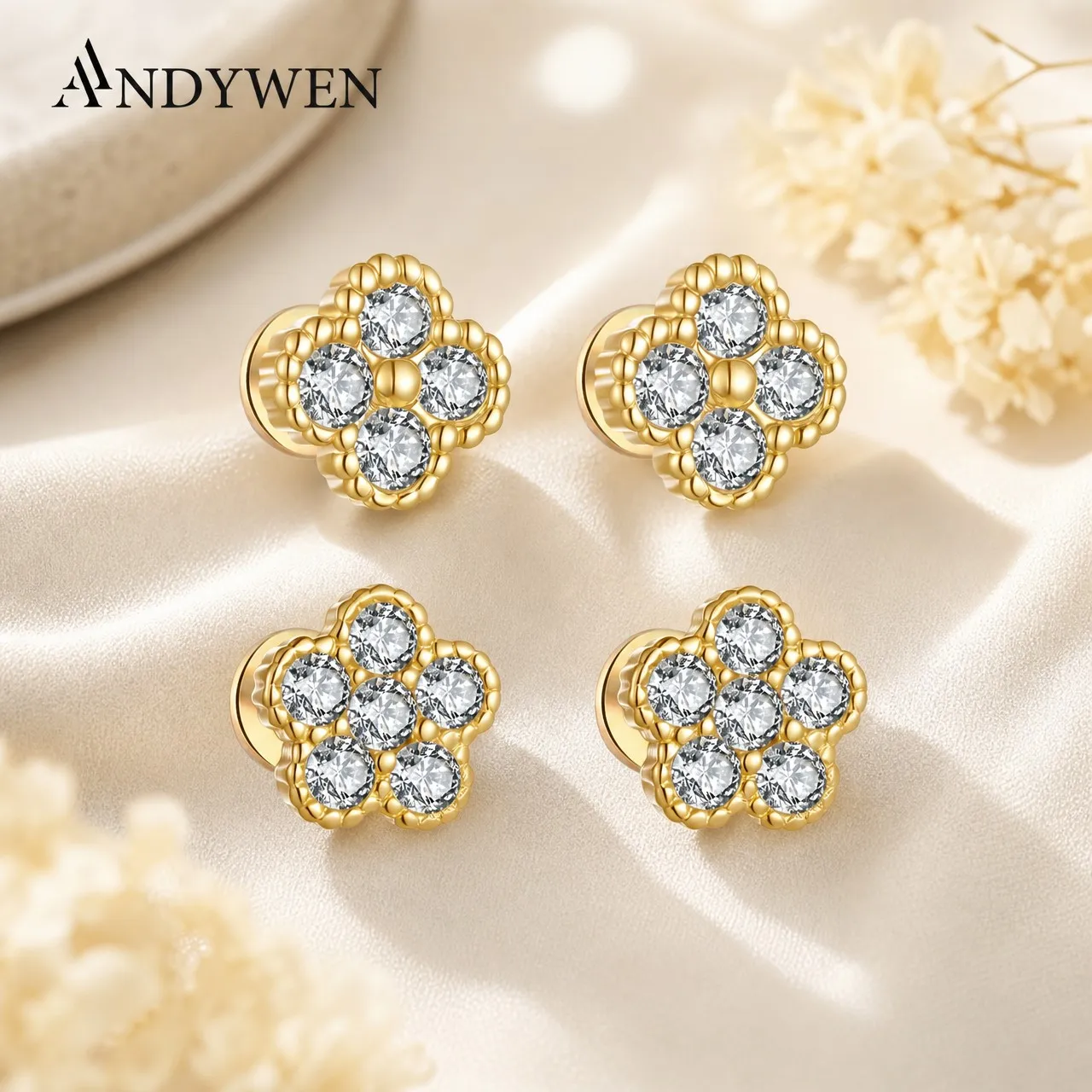 ANDYWEN 925 Sterling Silver Flower Stud Earrings with CZ Zircon Light Luxury Earring Set, Women Sweet Fine Jewelry Gift