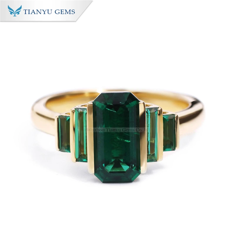 

Tianyu Gems 5x10mm Rectangle Lab Emerald Yellow Gold Engagement Ring for Women Lady 10K 14K 18K Real Au585 Au750 Wedding Rings