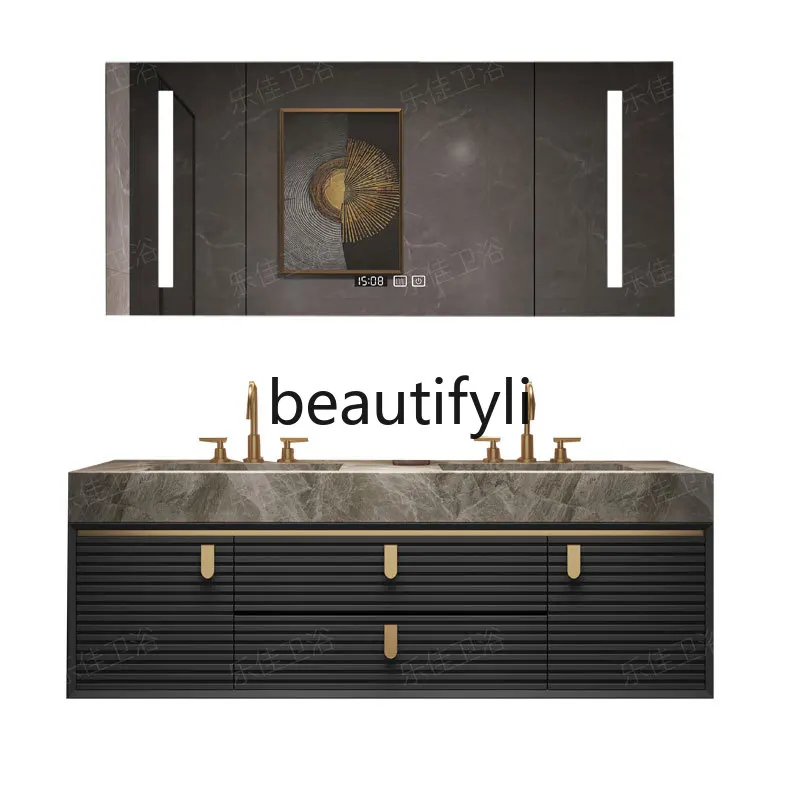 

Light luxury bathroom cabinet oak solid wood modern simple bathroom hand washbasin rock slab washstand combination