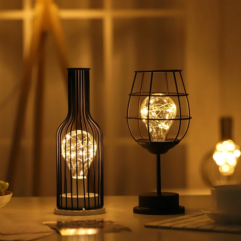 Nice 1PC Indoor Iron Wire Cage Design Night Light,Battery-Powered LED Lamp, Decorative Table Lighting For Bedroom, Living Room