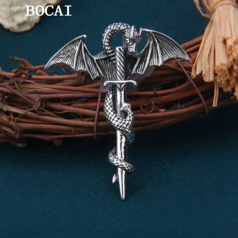 BOCAI New S925 Sterling Silver Retro Personalized Fashion Flying Dragon Sword Pendant Men's Gift