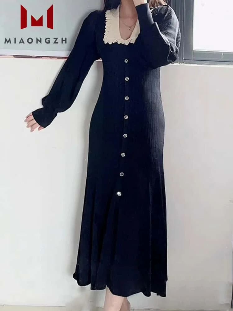 

Elegant Hit Color For Women Knitted Dress 2025 New Spring Autumn Fashion Turn Down Collar Long Sleeve Female Party Dresses Chic