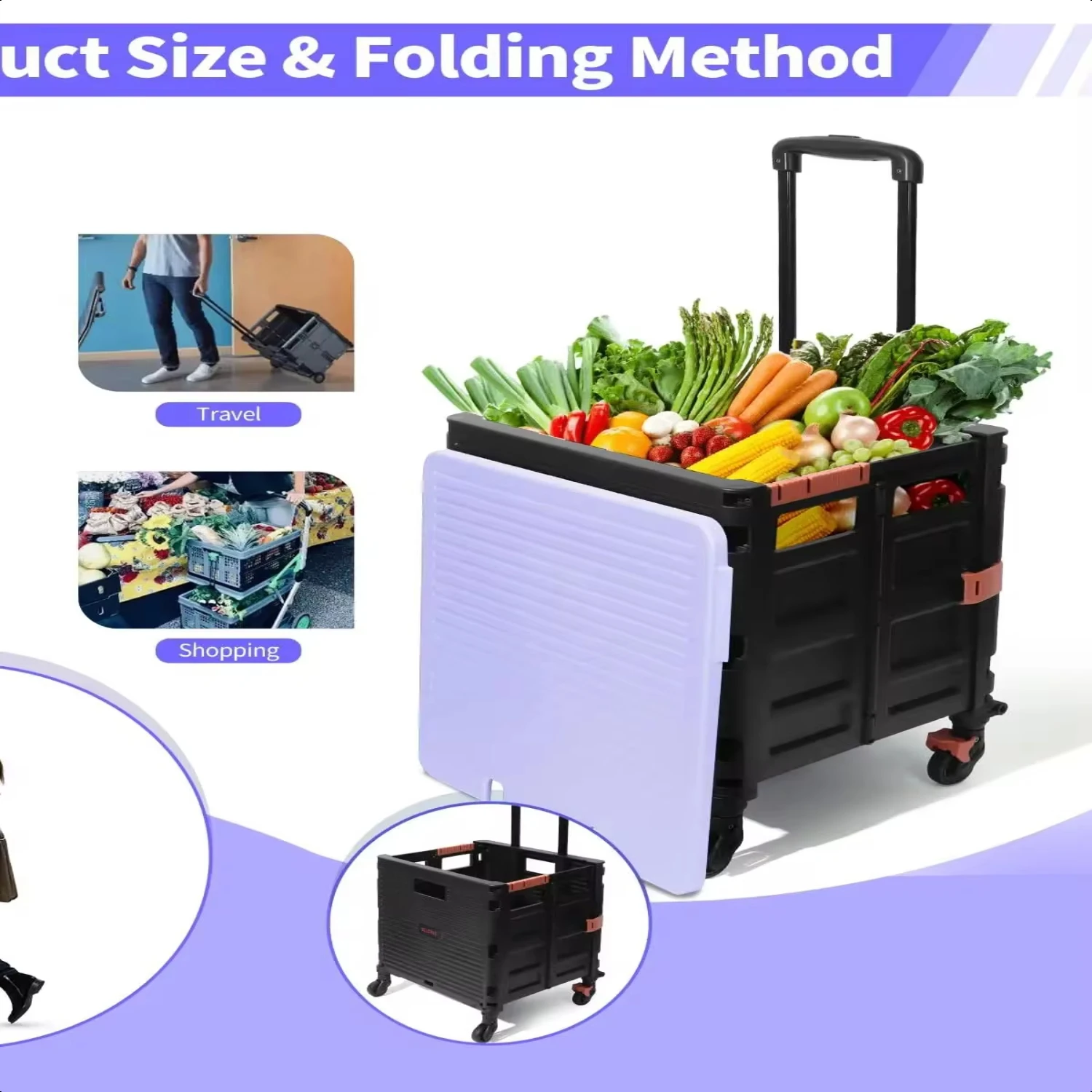 Rolling Crate Utility Cart Collapsible with Lid Wear-Resistant Noiseless °Rotate Wheel Telescoping Handle  Travel Shopping