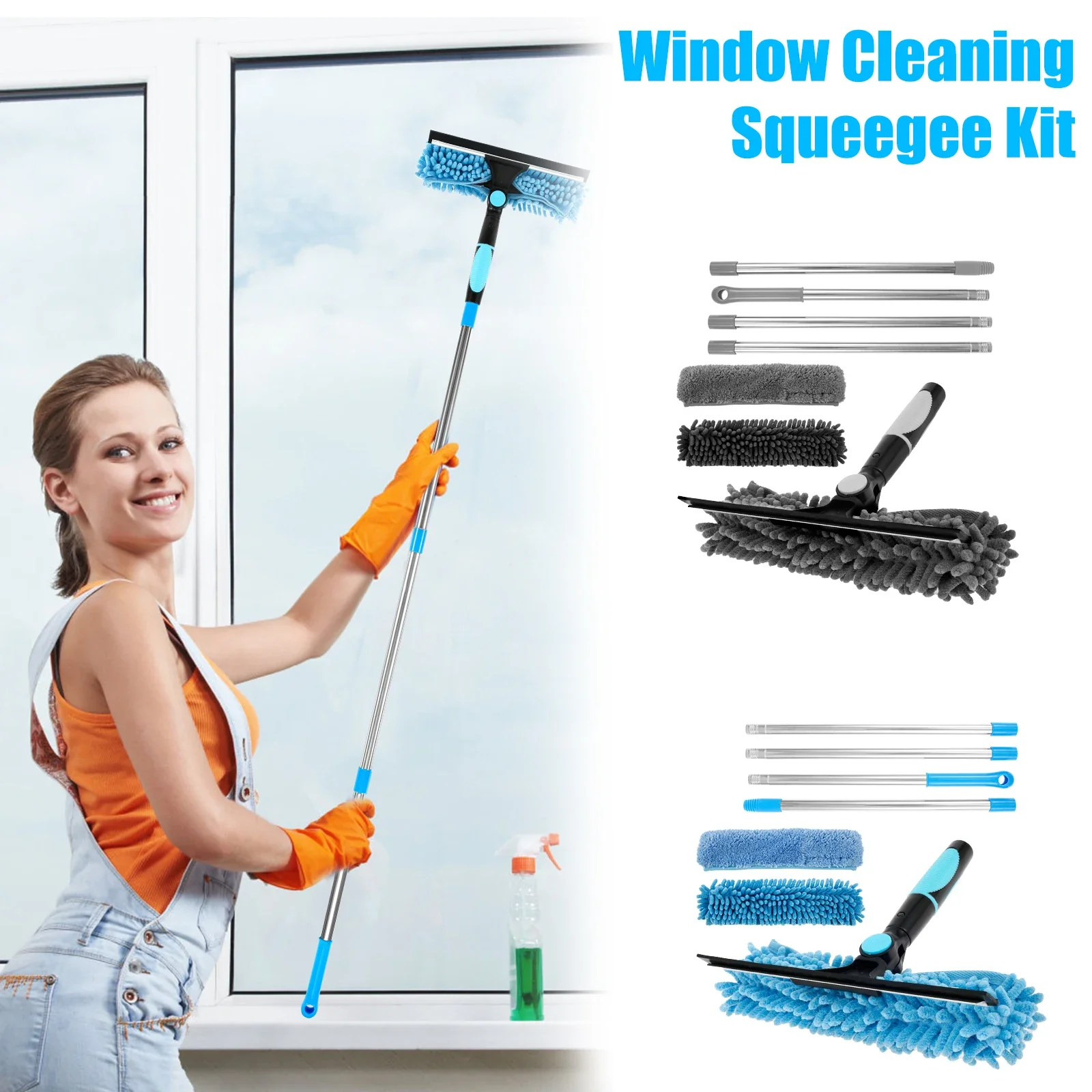 

2 in 1 Window Squeegee Kit Lengthened Glass Cleaner Tool Rotatable Telescopic Window Washing Kit for Shower Glass Door Mirrors