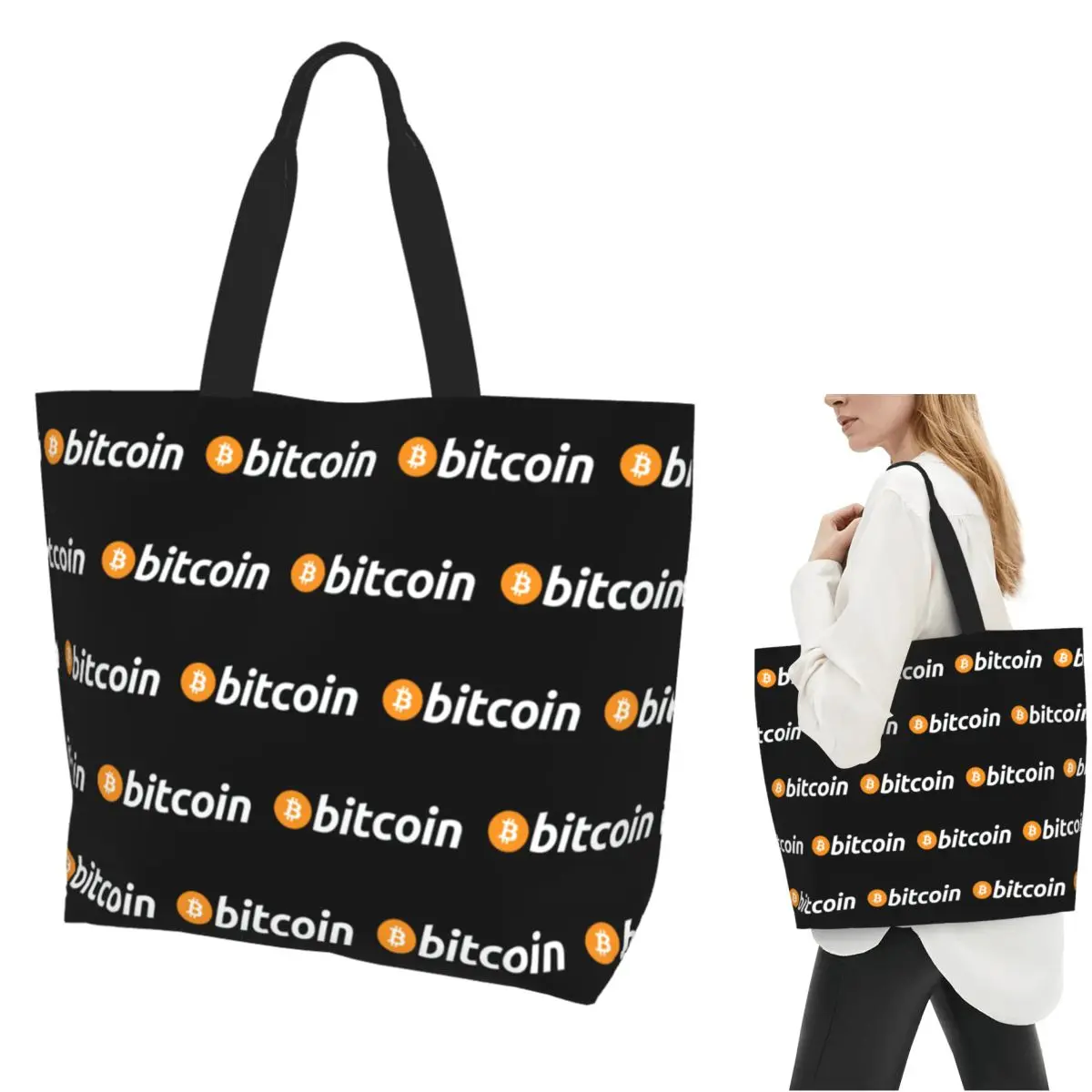 Bitcoin BTC Cryptocurrency Shopping Tote Bag Canvas Large Capacity Shoulder Bags Shopper Grocery Handbag for Women