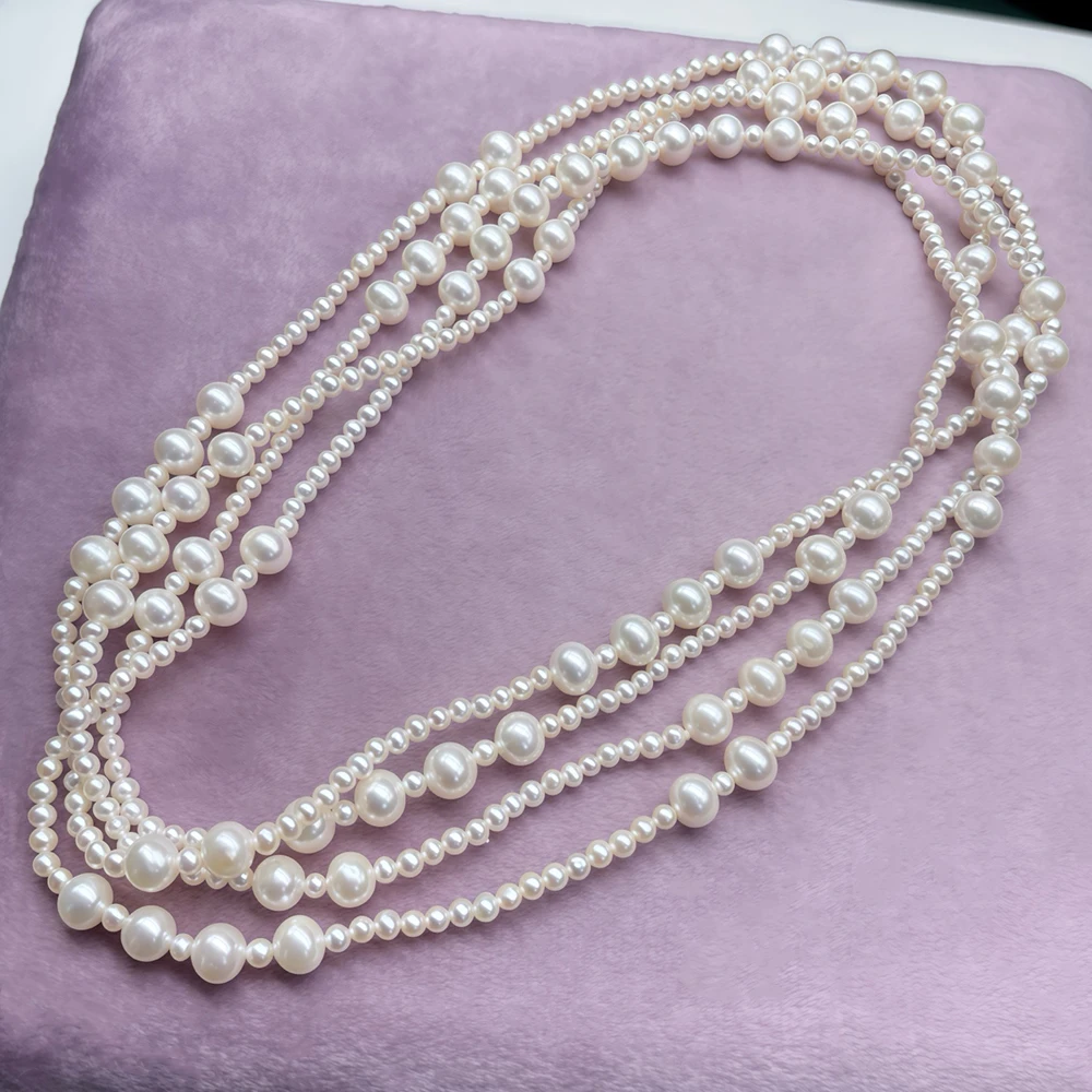 160cm Long Natural Pearl Sweater Chain Necklace with 3-4 mm and 7-8mm Real Pearls for Autumn and Winter Multiple Styling Options