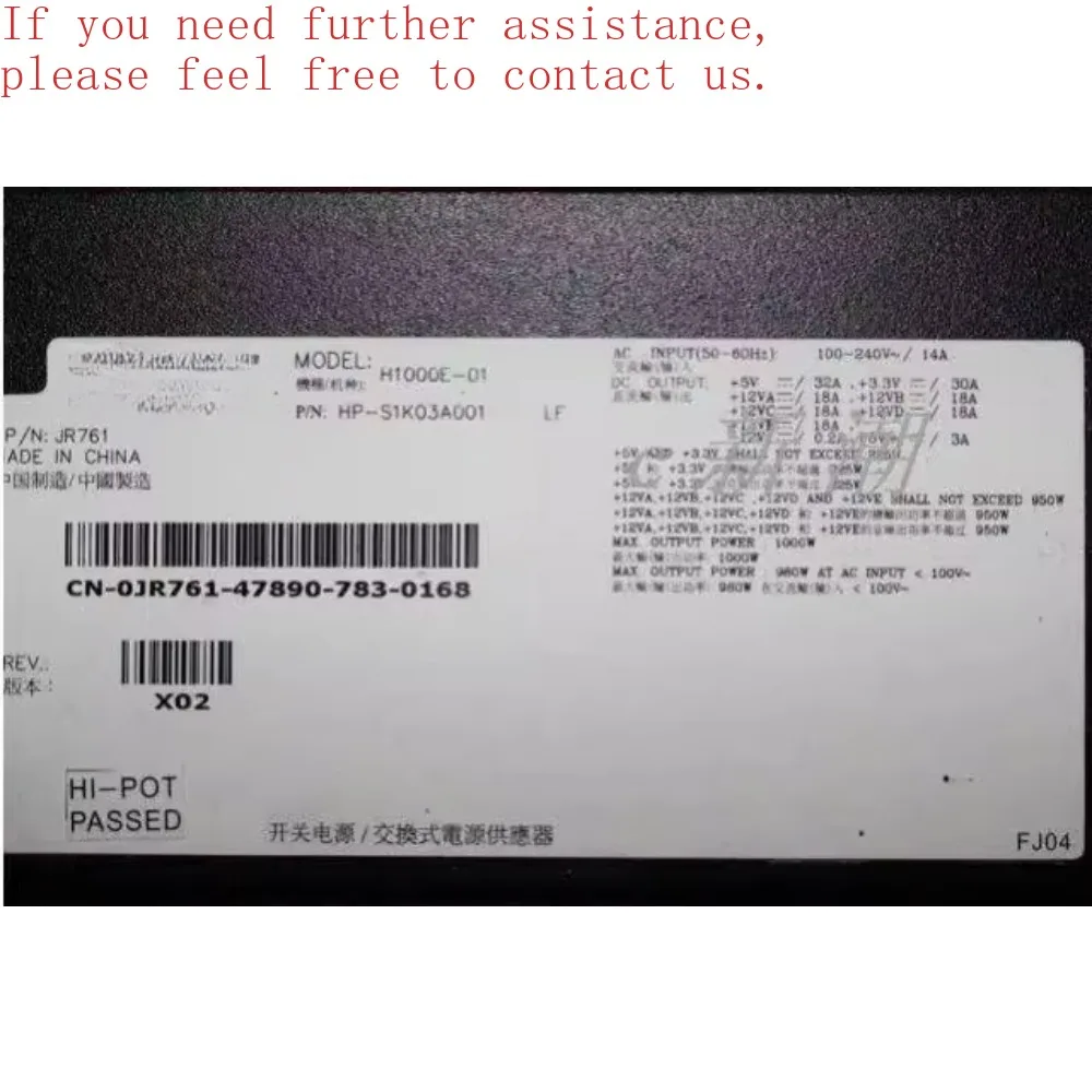 

For DELL Server Power Supply H1000E-01 DP/N: JR761 1000W Server Power Supply