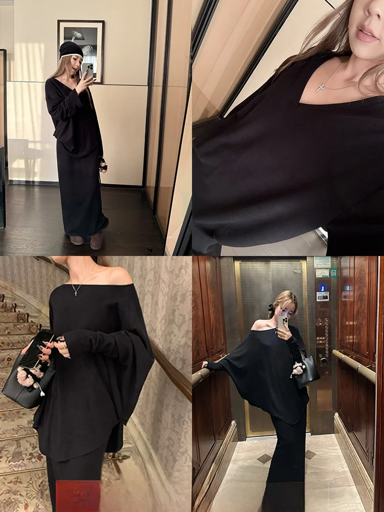 

X Goatic Long Sve Бархатная футболка и юбка Женский комплект из футболки Faion V-Ne Loose Sle Зимняя коллекция