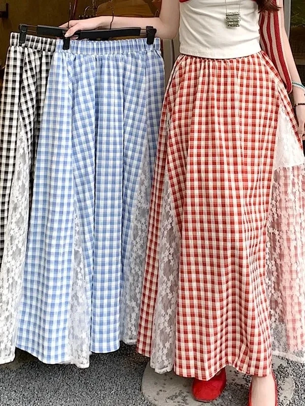 

High Waist A-Line Midi Skirt with Plaid Design Lace Trim Splicing Large Size Women's Fashionable Slimming Long Skirts