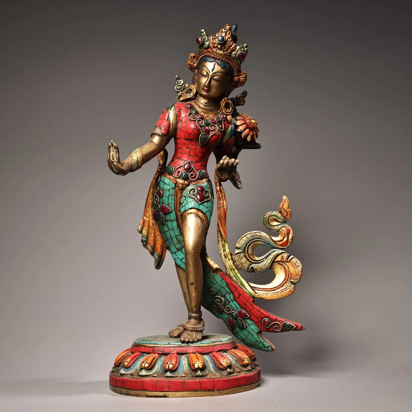 Tibetan Old Copper Gem Inlaid Painted Gold Highlight Standing Green Tara Statue Heavy Patina