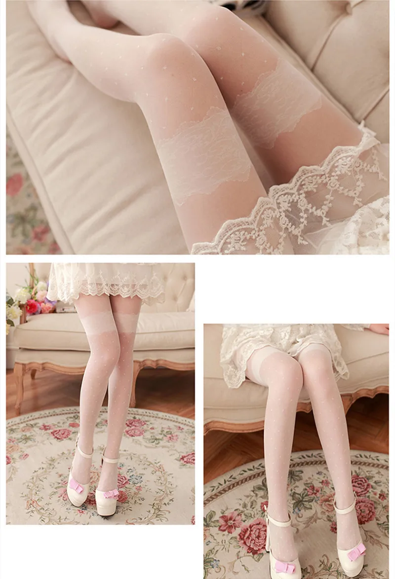 Sweet Heart Dot Jacquard Damenstrumpfhose Sexy dünner schlanker Netzstrumpf mit hohem Schleife-Spitzendetail Weiße enge Strümpfe – Detail 12