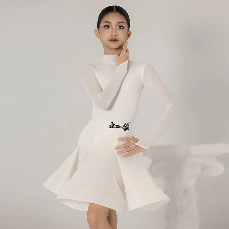 Weiß Latin Dance Lange Ärmel Cha Cha Rumba Kleidung Mädchen Kinder Samba Tanz Praxis Wettbewerb Kleid Samt Tanz Kleid