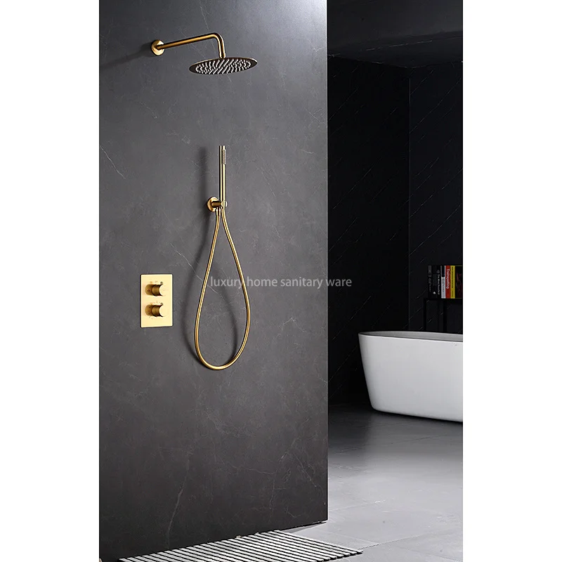 Contemporary Polished Gold Brass Bathroom Shower Faucet Set Hot and Cold Thermostatic Chrome Finish Waterfall Overhead Mixer Tap