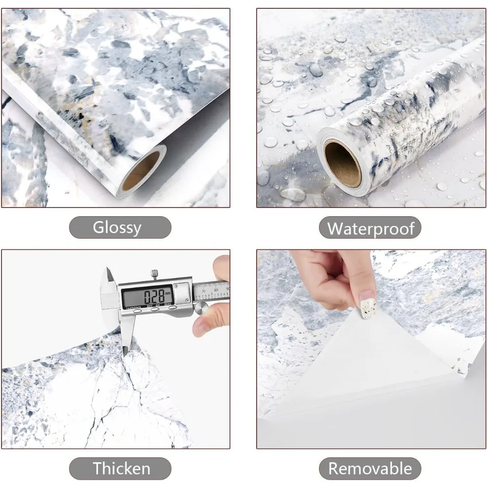 ورق اتصال قابل للتقشير واللصق بنمط الرخام الأبيض والأزرق المقاوم للماء لأسطح المطبخ، مقاس 30 × 200 بوصة، سهل التركيب، Dur