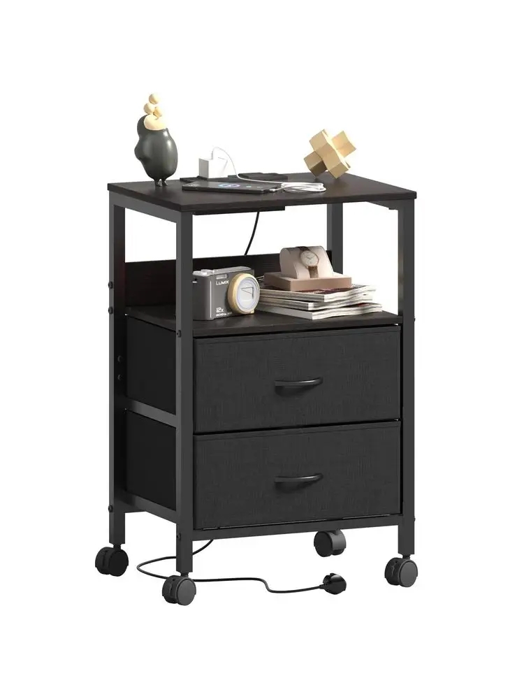 Table with Charging Station, Night Stand Small Bedside Cabinet with Open Storage Shelf and 2 Fabric Drawers, Side Table with 4