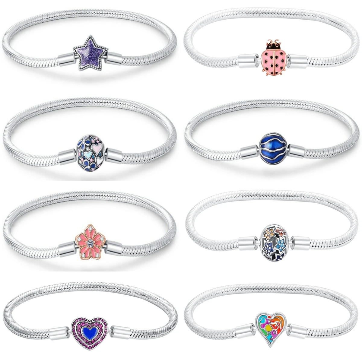 Hot Sell 925 Silver Colorful Stars Flower Ladybug Jewelry Gift fit pendant Charm Beads women's heart Bracelet