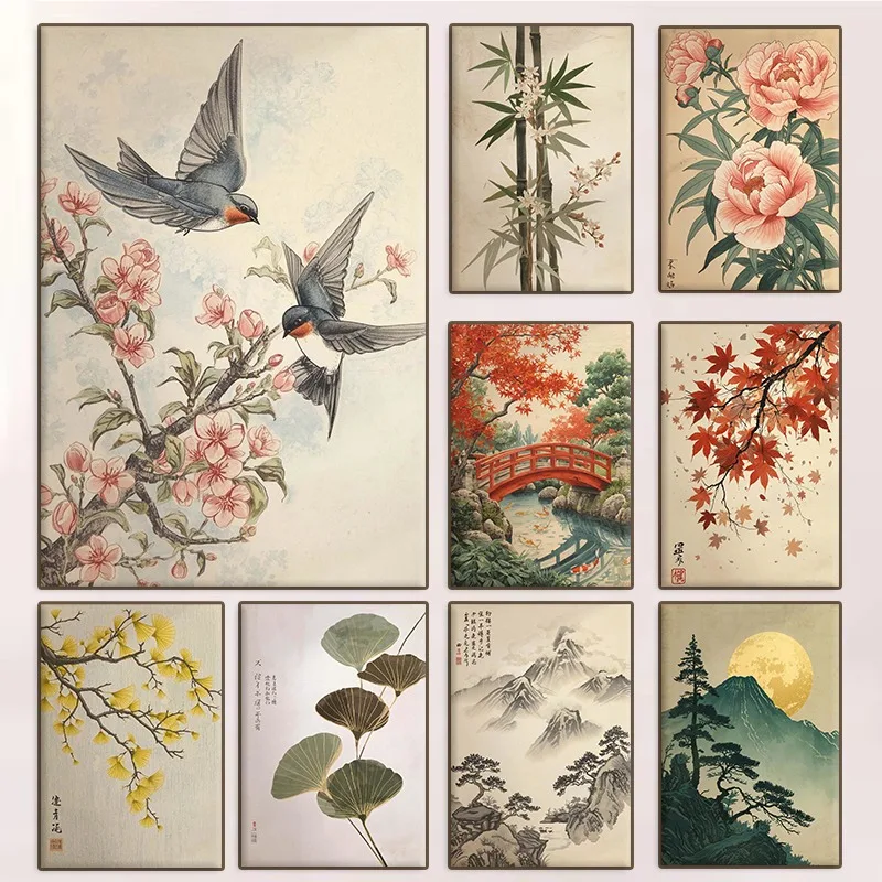 (2D-Blechmalerei) Minimalistisches botanisches Natur-Blumen-Landschafts-Poster, asiatisches Poster, Zen, japanische Ästhetik, Leinwandgemälde, Wandkunst f