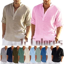 T-Shirt a maniche lunghe in lino da uomo nuova camicia Casual allentata tinta unita camicia in lino di cotone a maniche lunghe