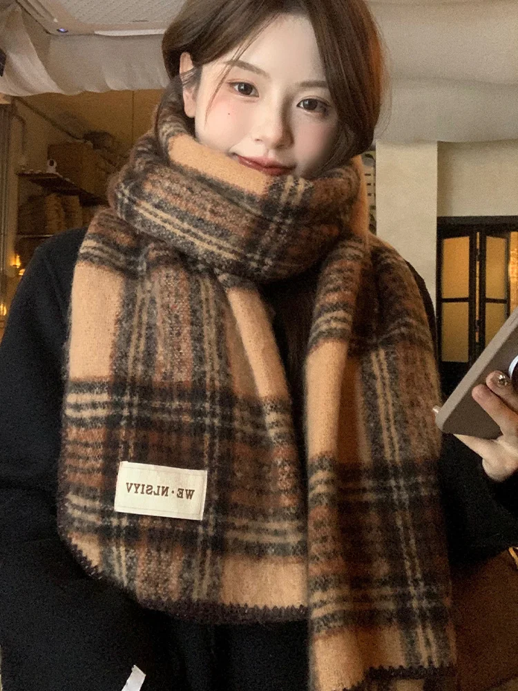 Brown Plaid Scarf Unisex Winter Warm Neck Protection Scarf Korean Style Student Youth Casual Long Rectangle Scarf Multifuncti...