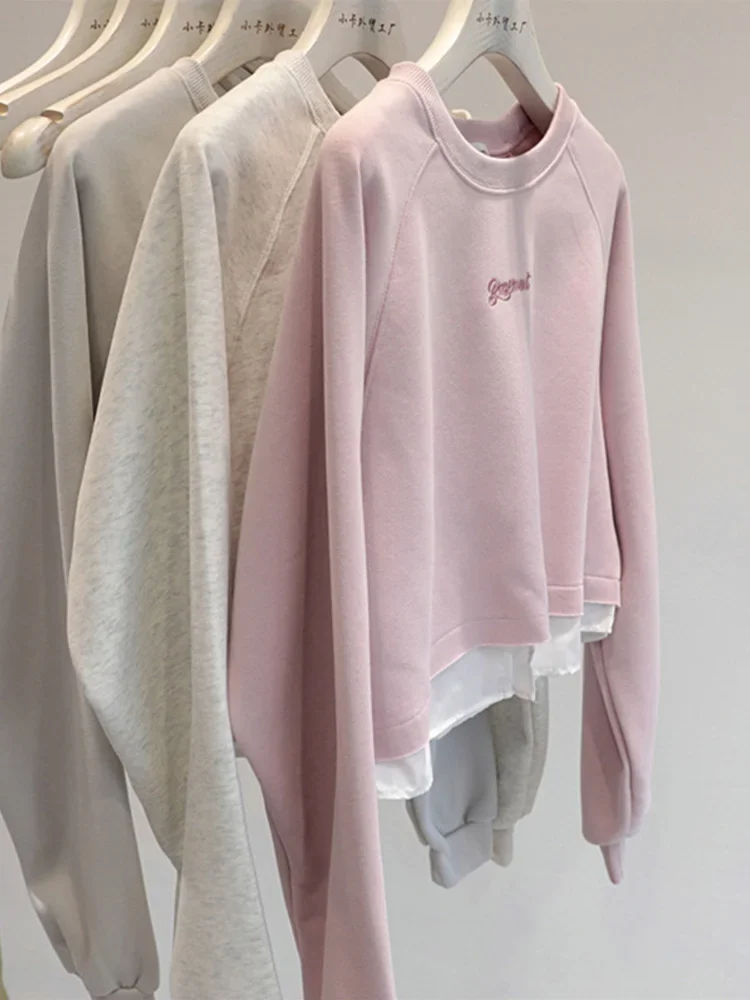 Women High End Letter Embroidered Hoodie Round Neck Fake Two Piece Pullover Long Sleeve Autumn Fashion Classic Top