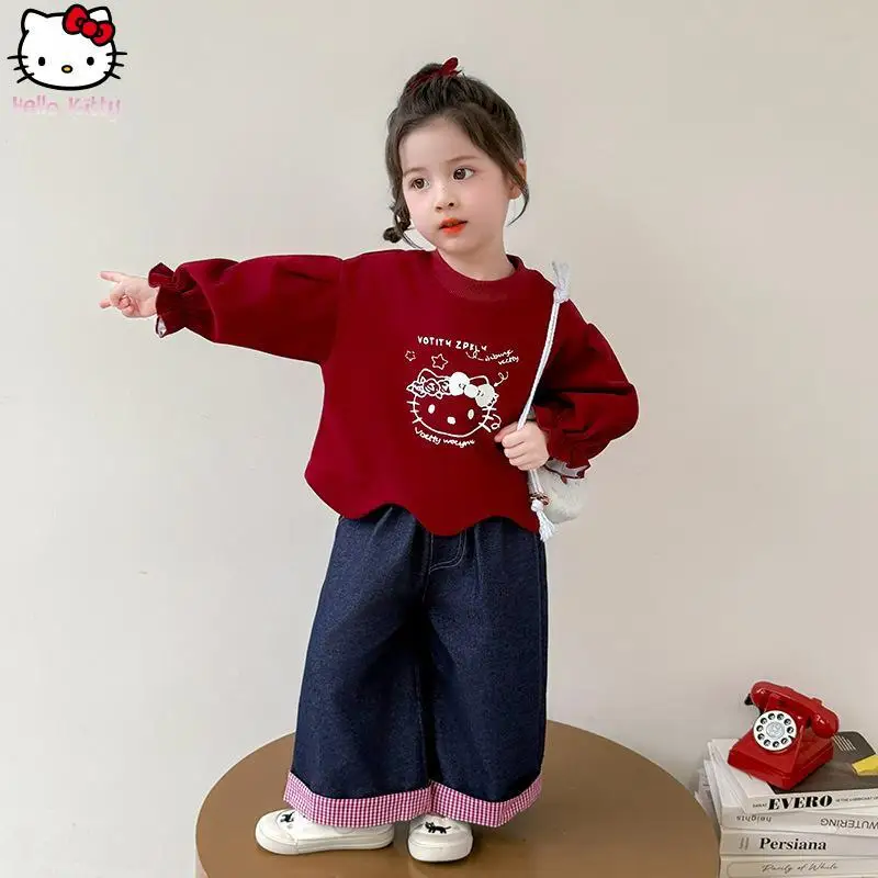 

Kawaii Hello Kitty Sanrio Jeans Girls Spring Autumn New Cartoon Anime Long Sleeves T Shirt Children Fashion Sweet Casual 2Pcs