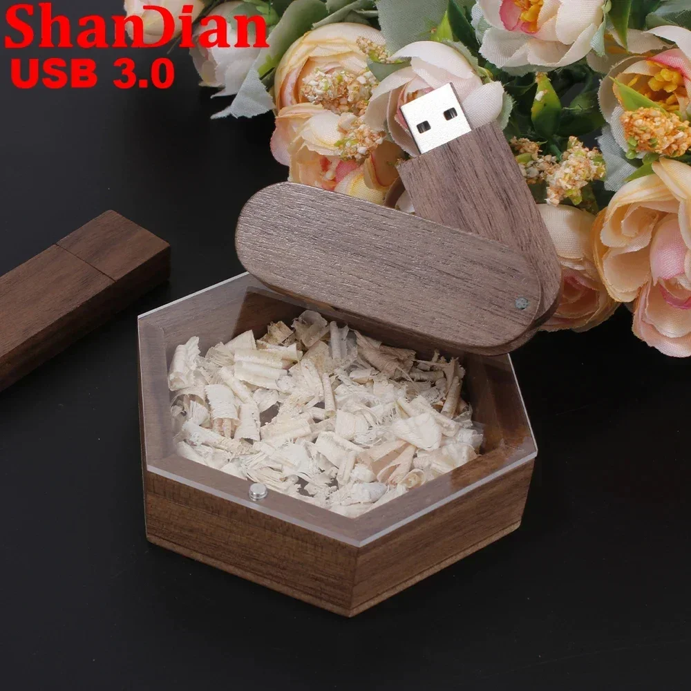 High Speed USB 3.0 Flash Drive Wedding Photography Wooden Memory Stick Free Custom Logo Hexagonal Box Multi Style Pen Drive 64GB