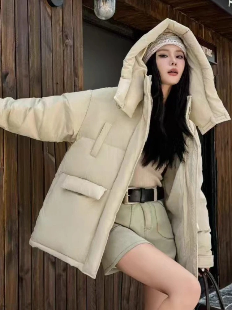 Halflange Donsjack 2025 Winter Vrouwen 90% Witte Eend Puffer Jas Mode Capuchon Verdikte Warme Parka Casual losse Overjas