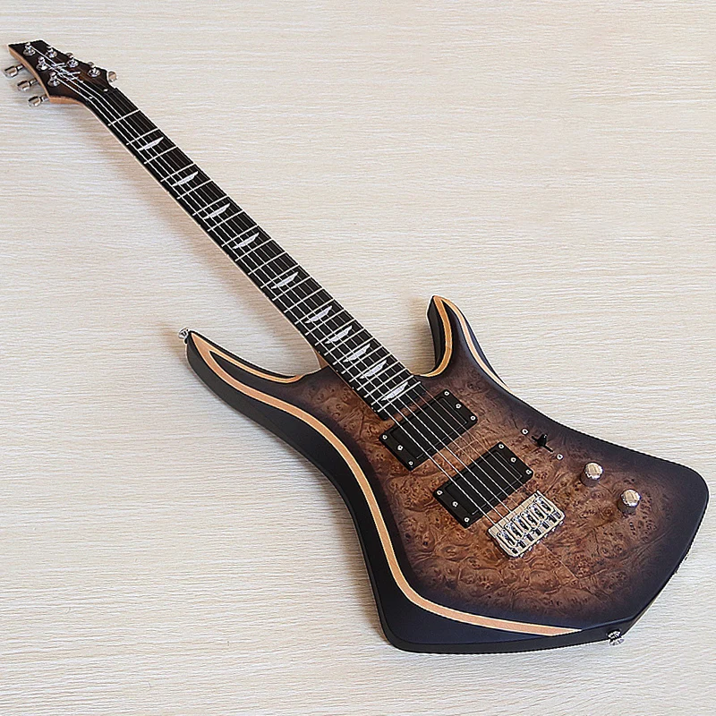Unusual Shape 6 String Electric Guitar Tree Burl Top Okoume Body 39 Inch with 5-Piece Neck Matte Black High Quality