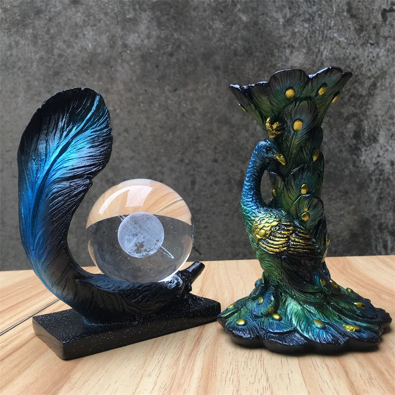 Carved Feather Stand For Crystal Ball Base Sphere Holder Environmental Resin Peacock Shape Figurines Display Statue Home Decor