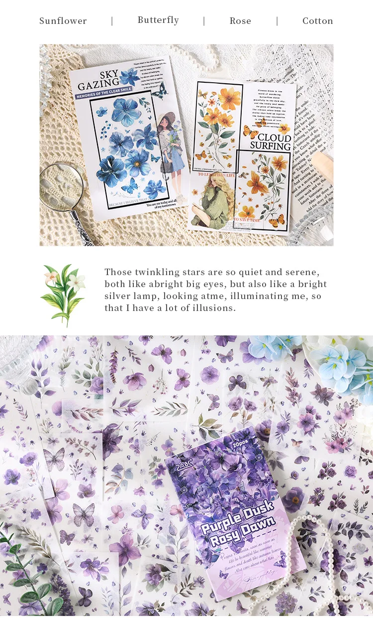 20 Sheets/pack Flower Images Die-cut Washi Sticker Book Watercolor Painting Plants Scrapbooking Creative Journal Collages