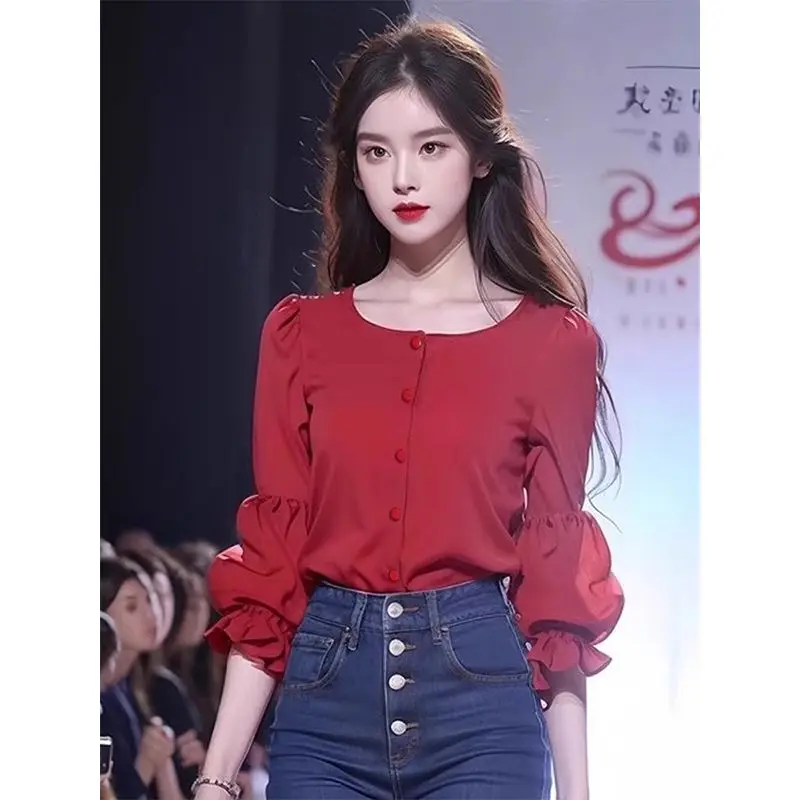 Korea Stylish Summer Solid Shirt Elegant Women Work Blouse  O Neck Sleeve Tops Casual Buttons Down