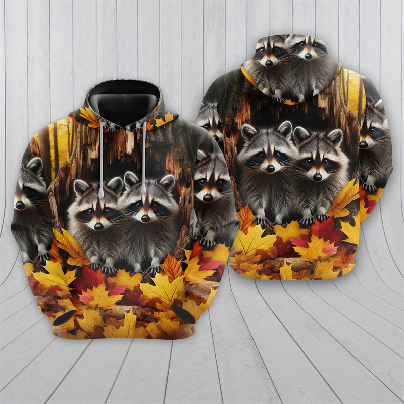 

Cute Raccoon Graphic Sweatshirts Harajuku Fashion Flower Hoodies For Men Clothes Animal Lover Tracksuit Boy Pullovers Kids Tops